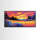 Meadow Sunset, Vibrant Landscape, Nature Wall Art, Rustic Farmhouse Decor, Framed Canvas Print, Warm Home Artwork, Countryside Scene