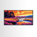 Marshland Sunset, Tranquil Water Scene, Vibrant Nature Art, Rustic Landscape Decor, Framed Canvas Print, Cabin Wall Artwork, Serene Style