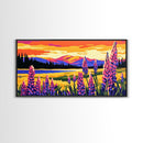 Mountain Meadow, Lupine Flowers, Vibrant Sunset, Framed Canvas Print, Colorful Landscape Art, Nature Wall Decor, Boho Home Art