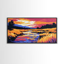 Flowing Stream, Sunset Glow, Nature Wall Art, Vibrant Scenery, Framed Canvas Print, Outdoor Enthusiast Gift, Relaxing Home Decor