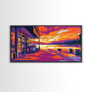 Lakeside Café, Sunset Art, Vibrant Landscape, Waterfront Decor, Modern Impressionism, Cozy Bistro Scene, Warm Tones, Canvas Print