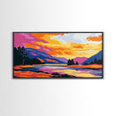 Serene River, Colorful Mountain Scene, Nature Wall Art, Framed Canvas Print, Relaxing Art, Bedroom Wall Decor, Sunset Painting