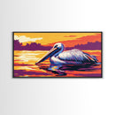 Pelican, Water Reflection, Framed Canvas Print, Coastal Wildlife Wall Art, Beach House Decor, Vibrant Animal Painting, Nature Art