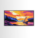 Sailboat at Sunset, Tranquil Waters, Mountain Lake, Canvas Print, Nautical Decor, Ocean Wall Art, Living Room Painting, Vibrant Colors