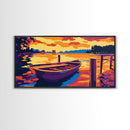 Wooden Boat, Serene Water Landscape, Calm Lake Scene, Vibrant Sunset Art, Framed Canvas Print, Living Room Wall Decor, Rustic Home Style