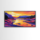 Serene River, Vibrant Sunset, Nature Artwork, Mountain View, Colorful Wall Art, Rustic Home, Living Room, Canvas Print