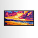 Beach, Ocean, Sunset, Framed Canvas Print, Coastal Wall Art, Seascape Painting, Vibrant Beach Scene, Relaxing Decor, Bedroom Art
