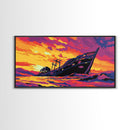 Shipwreck Sunset, Seascape Nautical, Framed Canvas Print, Vibrant Ocean Wall Art, Beach House Art, Nautical Art, Living Room Wall Art