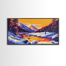 Snowy Mountains, River Sunset, Framed Canvas Print, Winter Landscape Art, Alpine Lodge Decor, Colorful Nature Art, Office Wall Art