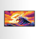 Giant Rolling Wave, Colorful Ocean Art, Surfing Seascape Print, Bold Sunset Water Painting, Beach House Wall Decor, Framed Canvas Print