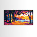Tropical Beach, Sunset Waves, Palm Tree Art, Coastal Wall Art, Beach House Decor, Framed Canvas Print, Colorful Ocean Painting