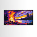 Bonfire Night, Lakefront Fire Scene, Autumn Evening Glow, Vibrant Outdoor Art, Framed Canvas Print, Man Cave Wall Decor, Cozy Home Design