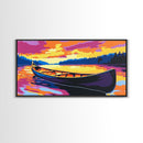 Canoe on Lake, Serene Water Reflection, Vibrant Sunset Art, Nature Scene, Framed Canvas Print, Living Room Decor, Cabin Wall Artwork