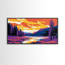 Forest, River, Sunset Sky, Vibrant Nature Scene, Framed Canvas Print, Wall Art, Cabin Home, Cozy Retreat, Outdoor Lovers, Rustic Aesthetic