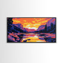 Mountain Reflection, Serene Lake, Warm Sunset, Framed Canvas Print, Bedroom Wall Art, Fall Colors, Nature Scene, Vibrant Home Decor