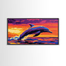 Jumping Dolphin at Sunset, Framed Canvas Print, Ocean Wall Art, Vibrant Marine Painting, Coastal Decor, Beach House Aesthetic