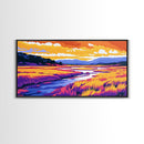 Golden Field River View, Canvas Print, Colorful Nature Art, Tranquil Landscape Painting, Boho Aesthetic, Living Room Wall Decor