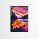 Floating Leaf, Autumn Lake Art, Seasonal Landscape, Warm Fall Colors, Canvas Print, Cozy Home Decor, Thanksgiving Wall Art
