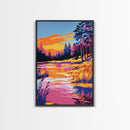 Forest Twilight, Golden Hour Reflection, Tranquil Landscape, Nature Serenity, Framed Canvas Print, Cozy Cabin Decor, Fall Art