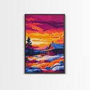 Sunset Cabin, Cozy Retreat, Rustic Nature, Framed Canvas Print, Winter Wall Art, Log Cabin Scene, Sunset Painting, Warm Color Decor