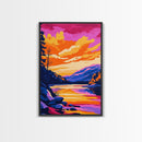 Mountain Lake, Golden Hour, Bold Color Art, Framed Canvas Print, Wilderness Wall Art, Rustic Home Decor, Cabin Aesthetic, Modern
