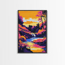 Waterfall Serenity, Vibrant Landscape, Sunset Glow, Nature Wall Art, Framed Canvas Print, Living Room Decor, Bold Colors