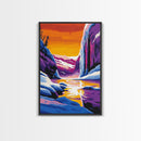 Frozen Falls, Winter Wonderland, Icy Landscape, Bold Color Contrast, Framed Canvas Print, Seasonal Art, Cozy Winter Decor