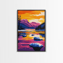Rocky River, Majestic Mountains, Sunset Reflections, Vibrant Colors, Framed Canvas Print, Living Room Wall Art, Bold Landscape
