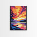 Sunset Lake, Landscape Painting, Autumn Art, Nature Wall Decor, Framed Canvas Print, Vibrant Mountain Scene, Living Room Wall Art