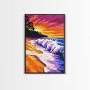 Ocean Waves, Sunset Beach, Coastal Wall Art, Colorful Seascape, Framed Canvas Print, Nautical Home Decor, Summer Painting, Bedroom Art