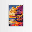 Lifeguard Tower, Beach Sunset, Coastal Summer Art, Vibrant Seascape, Framed Canvas Print, Ocean Lover Decor, Nautical Wall Art