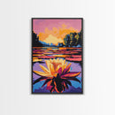 Water Lily, Sunset, Pond, Nature, Framed Canvas Print, Botanical Wall Art, Floral Painting, Bedroom Art, Serene Watercolor Vibes