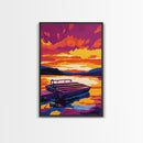 Dock, Lake, Boat, Sunset, Framed Canvas Print, Nautical Wall Art, Relaxing Lake House Decor, Living Room Art, Tranquil Scenic Painting
