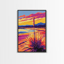 Desert, Plant, Sunset, Landscape, Framed Canvas Print, Boho Wall Art, Southwestern Art, Warm Earth Tones, Rustic Home Decor