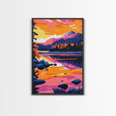 Mountain Lake, Sunset Sky, Nature Reflection, Framed Canvas Print, Cabin Decor, Bold Landscape Painting, Vibrant Scenic Artwork