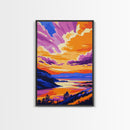 Sunset Over Cliffs, Vibrant Sky, Framed Canvas Print, Bold Landscape, Large Artwork, Living Room Art, Gift Idea, Colorful Painting