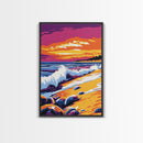 Sunset Shoreline, Breaking Waves, Framed Canvas Print, Coastal Wall Art, Beach Aesthetic, Boho Decor, Large Artwork, Living Room Art