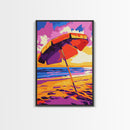 Beach Umbrella, Coastal Decor, Ocean Sunset, Relaxing Beach, Framed Canvas Print, Tropical Art, Vacation Vibes, Bedroom Wall Art