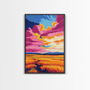 Golden Field, Sunset Sky, Framed Canvas Print, Warm Landscape Art, Country Home Decor, Colorful Painting, Cozy Aesthetic, Dining Room Art