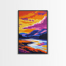 River, Sunset Glow, Serene Nature, Framed Canvas Print, Vibrant Landscape, Rustic Wall Decor, Home Office Art, Mountain Retreat Decor