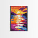Water Reflection, Colorful Sunset, Lake View, Nature Art, Bold Tones, Serene Decor, Framed Canvas Print, Office, Living Room Art