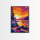 Golden Shore, Sunset Beach Art, Coastal Wall Decor, Vibrant Landscape, Framed Canvas Print, Seaside Home Art, Nautical Aesthetic