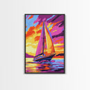 Sailboat at Sunset, Nautical Wall Art, Coastal Decor, Colorful Ocean Painting, Vibrant Seascape, Beach House Art, Framed Canvas Print