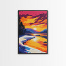 Golden Sunset River Art, Tranquil Nature Scene, Vibrant Landscape Print, Relaxing Home Decor, Framed Canvas Print, Cozy Bedroom Art