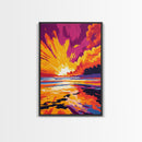 Fiery Ocean Sunset, Dramatic Sky Painting, Bold Color Landscape Art, Vibrant Beach Scene, Framed Canvas Print, Modern Living Room Decor