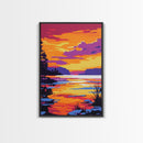 Tranquil Sunset Lake, Scenic Nature Painting, Warm Color Landscape Art, Peaceful Home Decor, Framed Canvas Print, Cozy Bedroom Wall Art