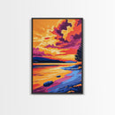 Sunset Reflection, Vibrant, Nature, Lake, Framed Canvas Print, Landscape Wall Art, Autumn Decor, Colorful Painting, Home Office, Rustic Art