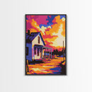 Country House, Farmhouse, Sunset, Glow, Framed Canvas Print, Rural Wall Art, Warm Home Decor, Rustic Landscape, Cozy Living Room
