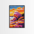 Rock Formations, Beach, Sunset, Vibrant, Framed Canvas Print, Coastal Nature Art, Ocean Landscape, Earthy Decor, Tranquil Wall Art