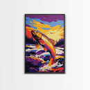 Jumping Fish, River Art, Vibrant Nature, Outdoor Decor, Framed Canvas Print, Rustic Cabin Wall Art, Fishing Gift, Wilderness Art